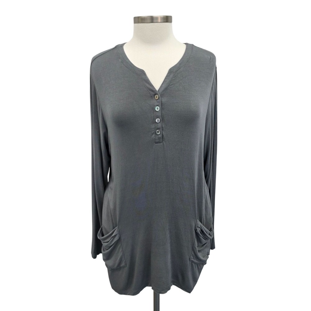 LOGO Lori Goldstein Womens L Gray Henley Tunic Top Long Sleeve Stretch Pockets